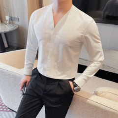 Hehope Solid Color Scarless Elastic Shirt Men Fashion V-neck Slim Casual Business Dress Shirts Social Party Tuxedo Blouse Men Clothing