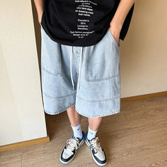 Hehope Summer New High Street Casual Versatile Denim Capris Elastic Waist Men's Korean Style Loose Wide Leg Large Pocket Shorts