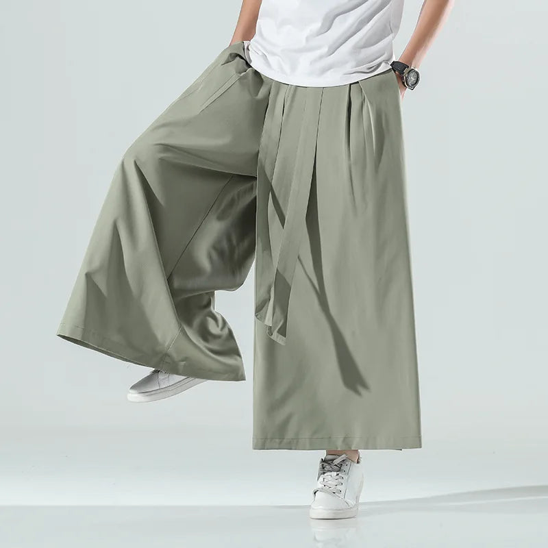 Hehope Chinese Style Summer Men's 2024 New Patchwork High-waisted Bandage Pockets Fashion Solid Color Minimalist Casual Wide Leg Pants