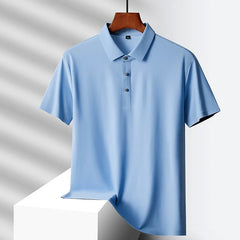 Hehope Summer Ice Silk Quick Drying Loose Polo Shirt Middle Aged Men's Solid Lapel Button Simple Versatile Casual Thin Short Sleeve Top