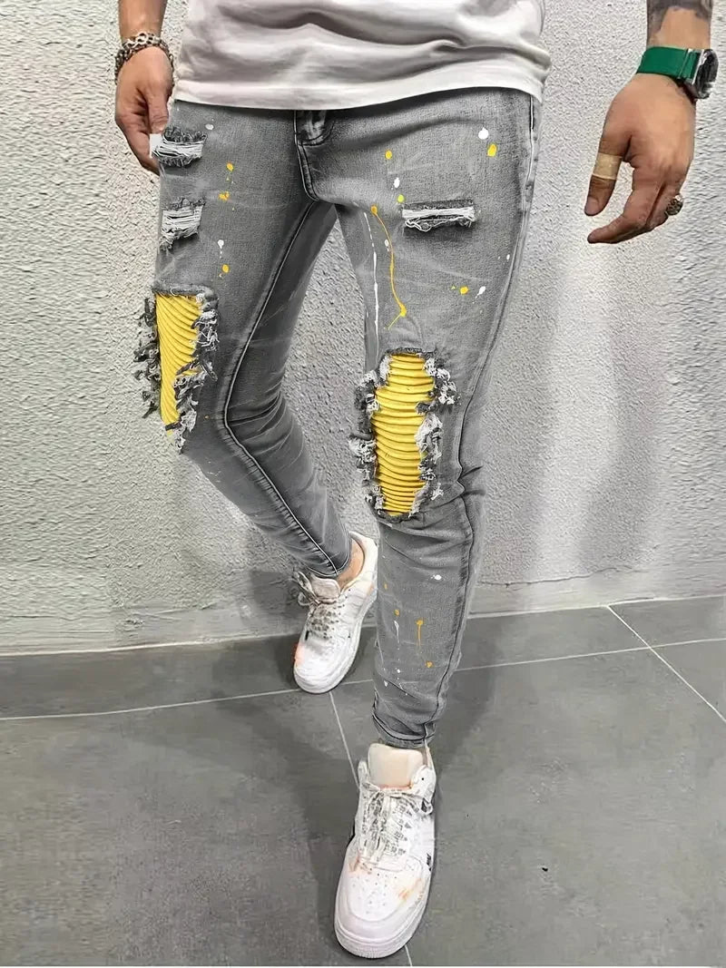 Hehope Men's Casual Creative Street Style High Stretch Paint Splatter Ripped Design Slim Fit Jeans Denim Pants For Spring Summer