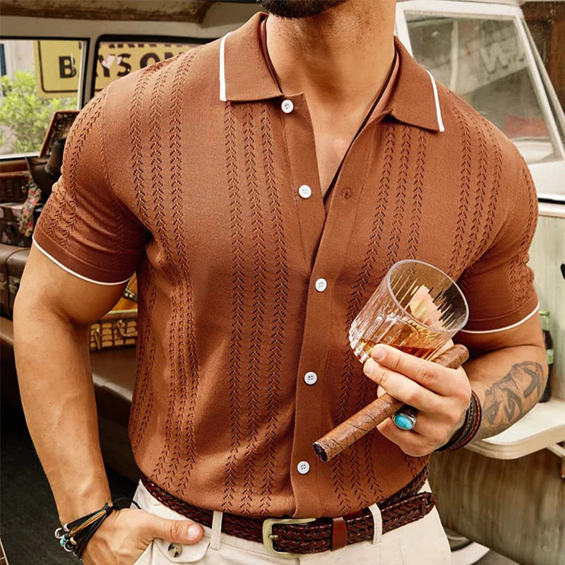 Hehope Retro Striped Knitted Lapel Mens Shirt Short-sleeved Buttoned Knitting Shirts For Men Summer Casual Slim Fit Knit Cardigan Tops