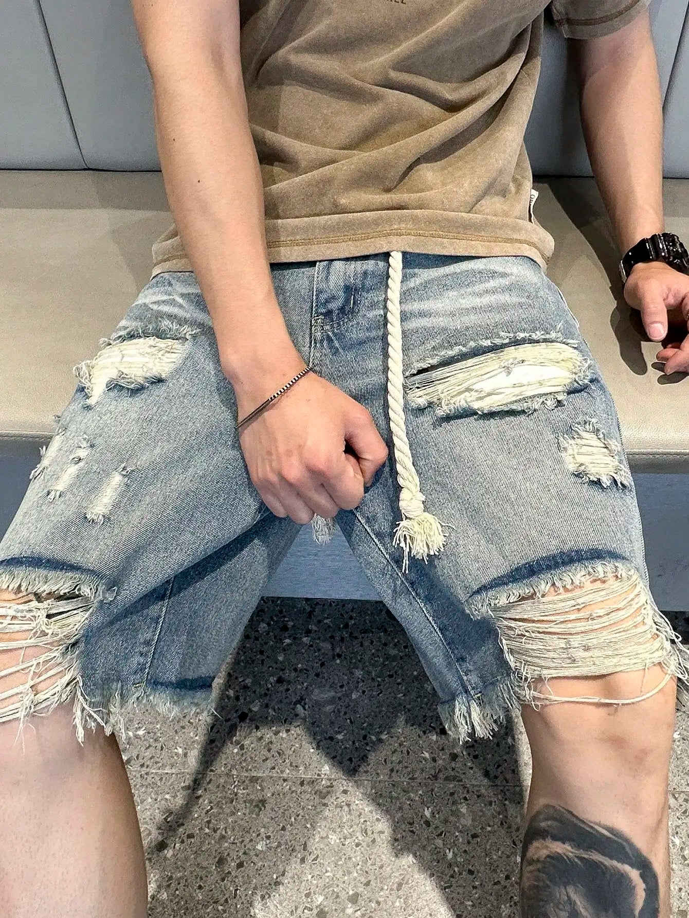 Hehope Men Summer Stretchy Denim Shorts Jeans for Men Streetwear Style Ripped Denim Shorts with High Stretch Knee Baggy Comfort Pants