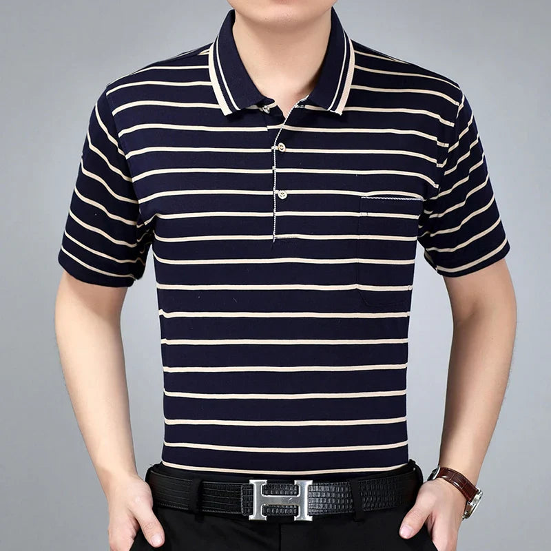 Hehope Summer New Middle-aged Men Short Sleeve Striped Loose Printed Oversized Lapel Spliced Pocket Fashion Casual Business Polo Shirt