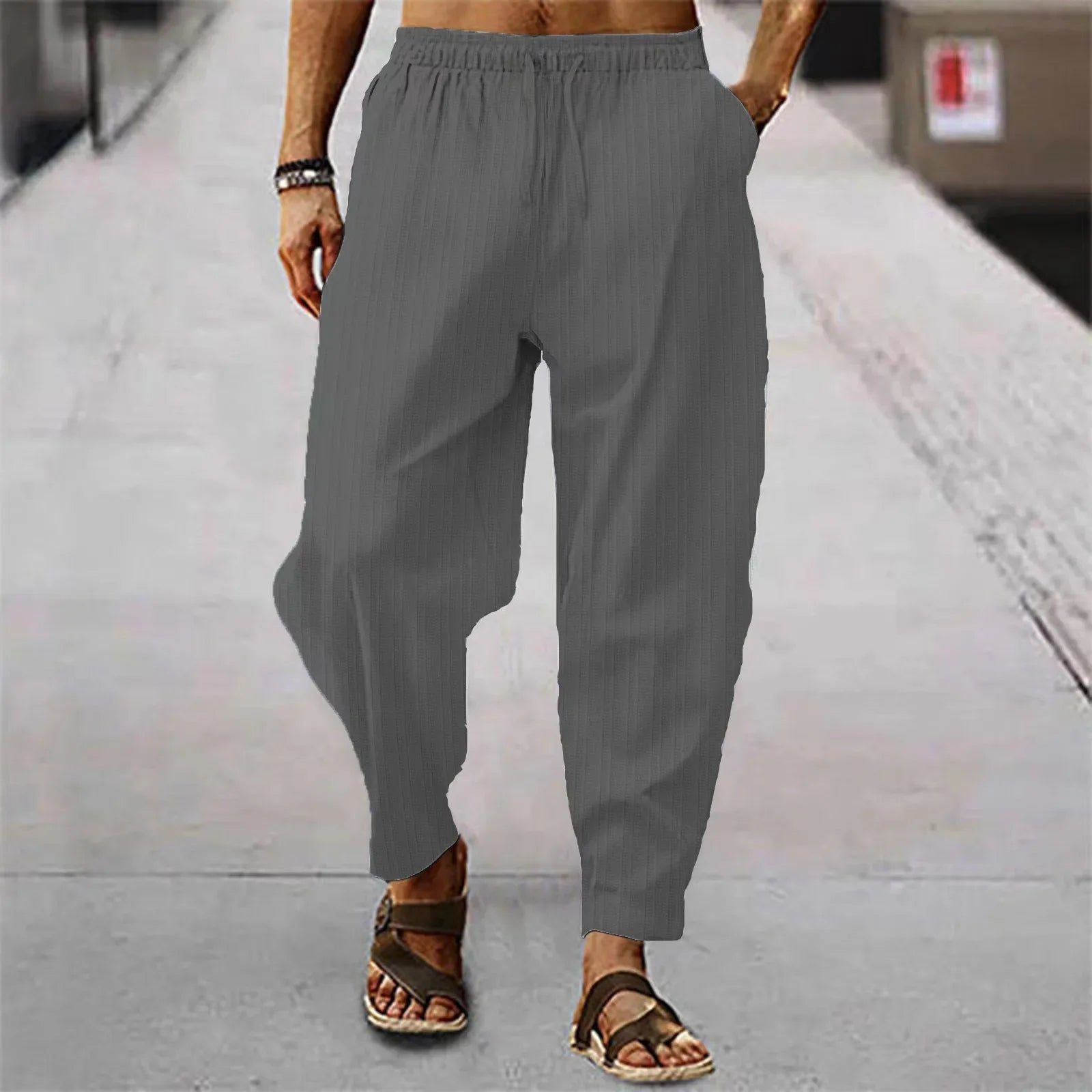 Hehope New Spring Summer Men's Stripe Cotton Linen Pants Solid Color Fashion Casual Loose Hip Hop Breathable Trousers Streetwear S-3XL