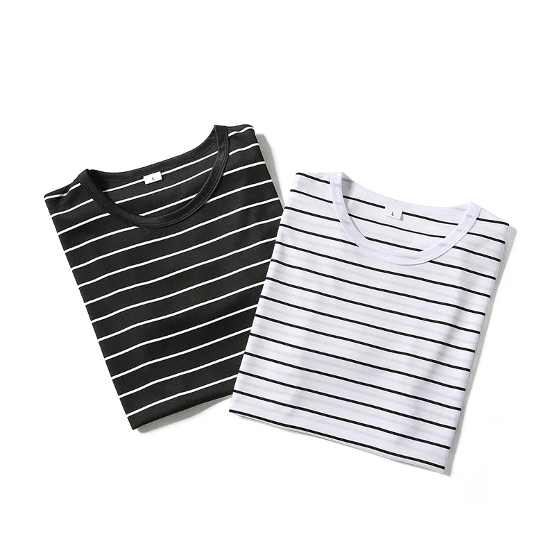 Hehope Fashion Summer Black and White Striped Short Sleeve Shirt Men Streetwear Vintage Basic O-neck T Shirt Men Tees