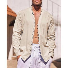 Hehope Men's Cotton Linen Shirt Long Sleeve Shirts Men Beach Shirt Summer Casual Solid Color Stand Collar Men's Shirt