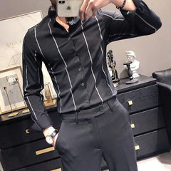 Hehope Korean Version Men's Commuter Top Spring and Autumn New Fashion Stripe Print Lapel Splice Button Business Casual Versatile Shirt