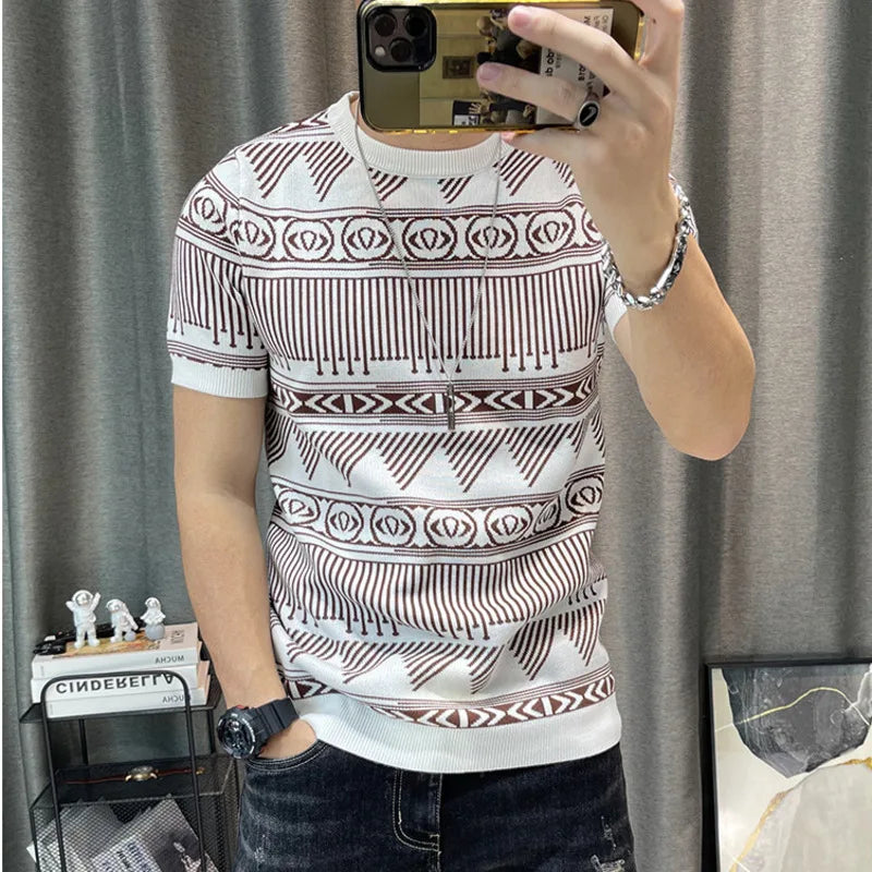 Hehope Korean Slim Bottomed Shirt Thick O-Neck Stripe Short Sleeve T-shirt Streetwear Knitted Sweater Top Quality Male Knit Tshirt Tee