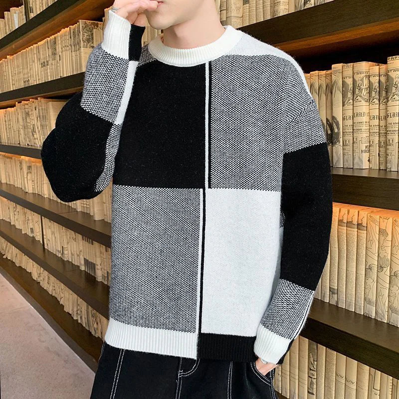 Hehope Autumn Winter Round Neck Patchwork Loose Casual Jumpers Men Knitting Pullovers Homme All-match Fashion Bottoming Sweater Top