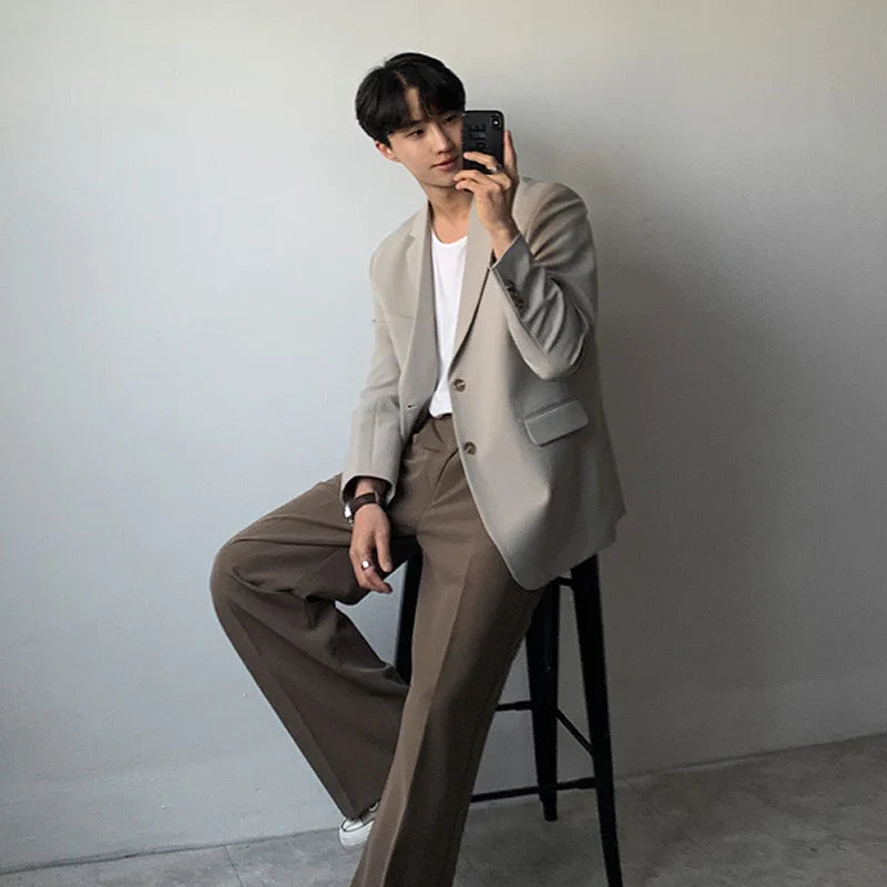 Hehope Korean Casual Notched Collar Blazers Men Autumn Loose Solid Color Single Breasted Suit Jackets Office Popular Interview Suits