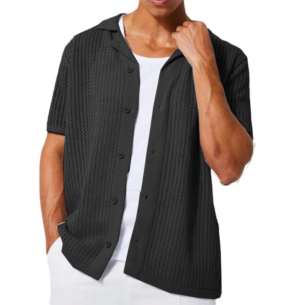 Hehope Mens Fashion Knitted Cardigan Summer Cool Hollow out Top Short Sleeve Shirt Lapel Button Loose Men's Knit Tshirt