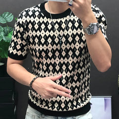 Hehope Diamond Check Contrast Knit T-Shirt High Elasticity Short Sleeve Slim Bottomed Tshirt Men Top Quality Streetwear Knitted Top