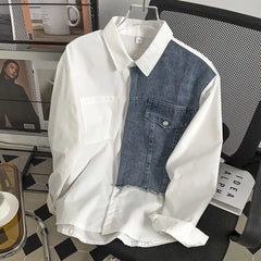 Hehope New Spring and Autumn Niche Design, High Street Couple Loose Casual Fashion Label Denim Patchwork Long Sleeved Shirt