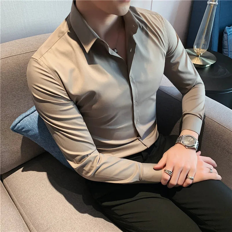 Hehope Top Quality Autumn New Solid Long Sleeve Tuxedo Shirt Men Clothing Simple All Match Slim Fit Business Shirts Formal Wear Blouses