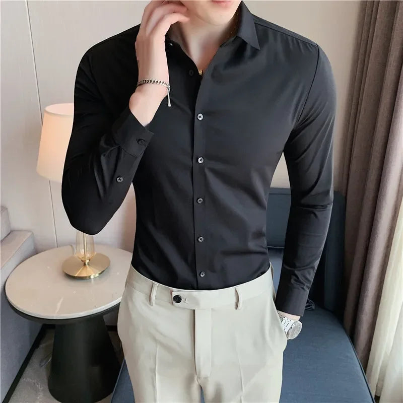 Hehope Stripe Shirts for Men Autumn New British Style Anti Wrinkle Soft Solid Casual Long Sleeved Camisas De Hombre Men Clothing