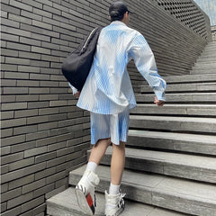 Hehope New Arrivals Fashion Shirt Suits for Men Korean Trend Long Sleeve Shorts Gradient Stripe Man Clothes Summer Casual Suit