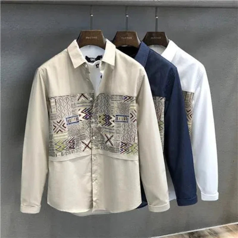 Hehope Retro 2024 New Boyfriend Autumn Spliced Square Collar Button Printed Button Fashion Loose Minimalist Casual Long Sleeve Shirt