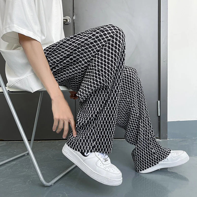 Hehope Summer Ice Silk Pants Men Oversized Retro Plaid Pants Men Japanese Streetwear Loose Wide Leg Pants Mens Pleated Trousers M-5XL