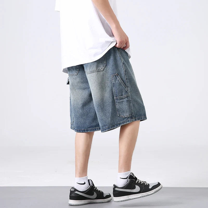 Hehope Summer Thin Jeans, Street Loose Work Clothes, Jeans Shorts, Fashionable Large Pockets, Patchwork Casual Capris