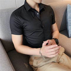 Hehope High Quality Ice Silk Traceless Striped Shirt Men's Summer Short Sleeve Slim Casual Business Shirts Tuxedo Men Clothing 4XL-M