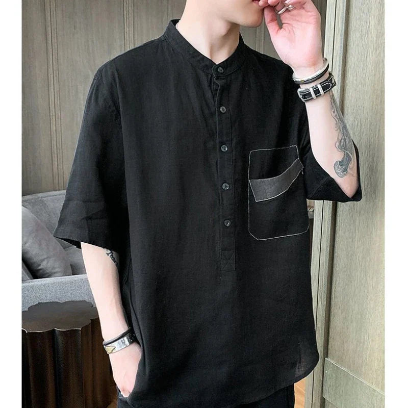 Hehope 2024 Summer New Trendy and Handsome Short Sleeves Thin Simple and Breathable Japanese Men's Pocket Shirt with 5/4 Sleeve Top