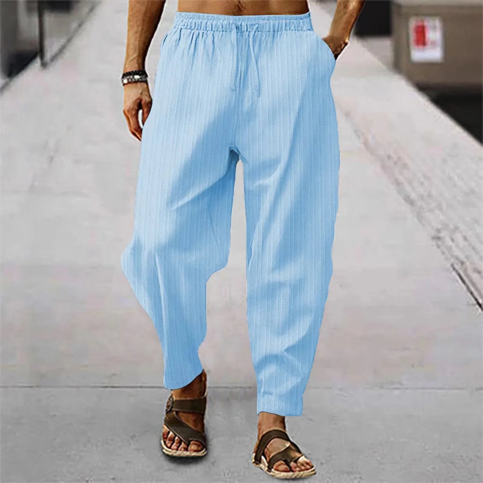 Hehope New Spring Summer Men's Stripe Cotton Linen Pants Solid Color Fashion Casual Loose Hip Hop Breathable Trousers Streetwear S-3XL