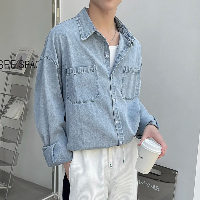 Hehope Blue Black Denim Shirt Men Fashion Retro Pocket Casual Shirt Men Streetwear Korean Loose Long Sleeved Shirt Mens Vintage Shirts