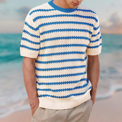 Hehope Summer Short Sleeve Sweater T Shirts Men Vintage Jacquard Striped Knitted Tops Mens Casual O Neck Jumper Tee Male Fashion Tops