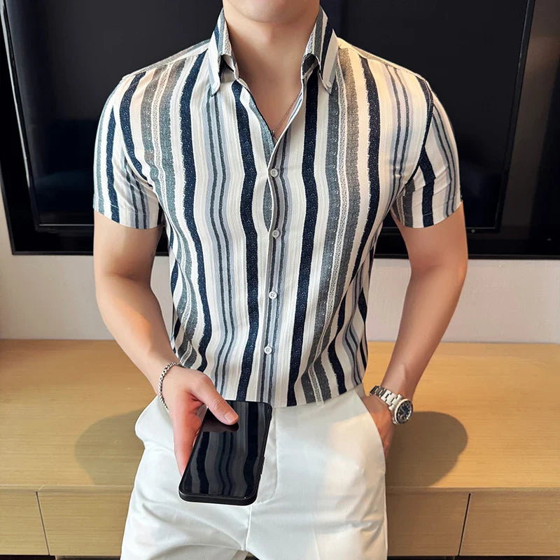 Hehope 2024 Summer Striped Shirts Men Slim Fit Casual Business Dress Shirts Fashion Social Party Tuxedo Blouse Streetwear Men Clothing