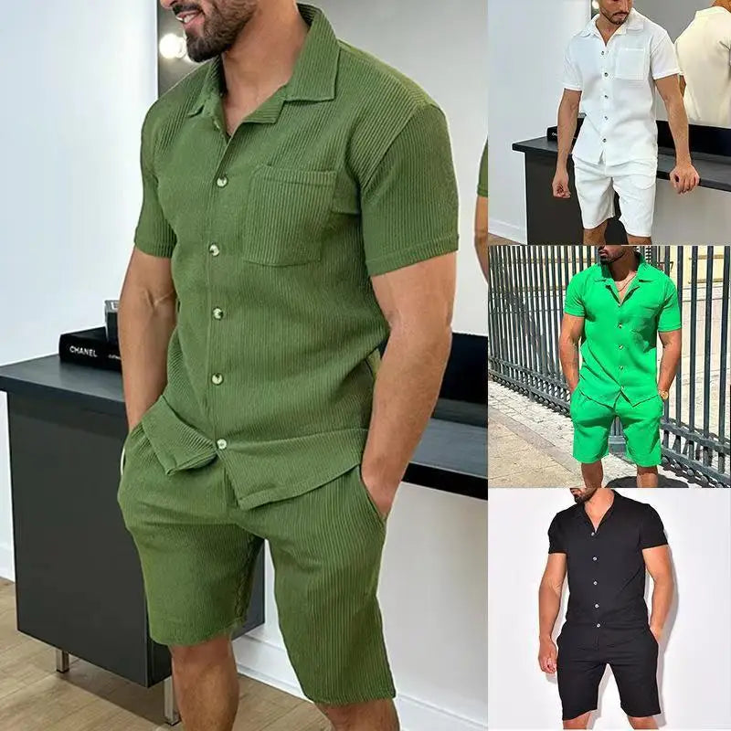 Hehope Spring Summer Two Piece Sets Men Casual Solid Rib  Short Sleeved Shirts Shorts Suits Drawstring Pocket Set Holiday Beach Outfits