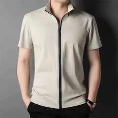 Hehope Men Summer Trend Stand Collar Zipper Cardigan Shirts Solid Short Sleeve Comfortable Business Casual Top Ropa Hombre Camisas