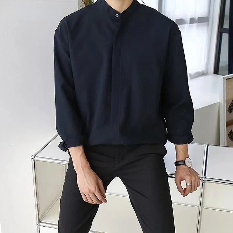 Hehope New Silk Senior Sexy Dark Blue Shirt for Men Solid Color Long Sleeve Stand-up Collar Loose Business Casual Iron-free Shirt