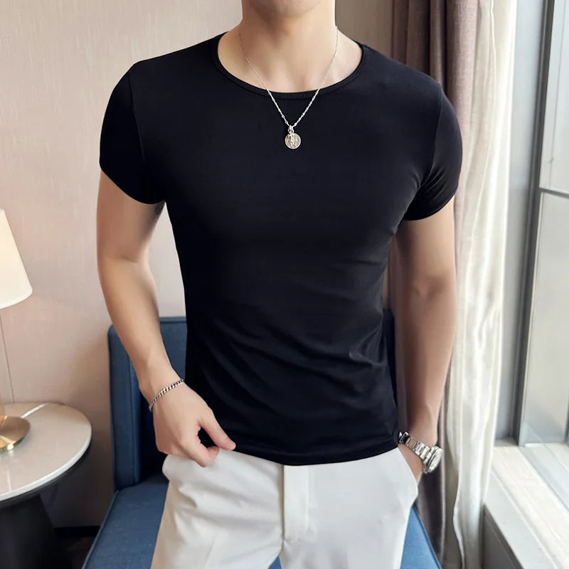 Hehope High Elastic Pure Cotton Slim Fit T Shirt for Men Summer New Solid Casual Short Sleeved T-shirt Tops Korean Men Clothing