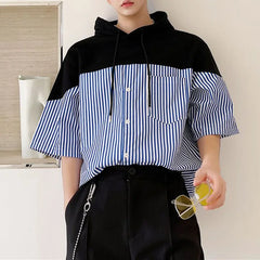 Hehope 2024 New Summer Fashion High-end Personalized Design Feeling Loose Casual Oversized Striped Printed Short Sleeved Hooded Shirt