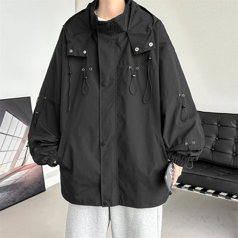 Hehope Hip Hop Techwear Jackets Coats Drawstring Streetwear Cardigan Casual Bomber Outerwear Hooded Waterproof Jacket Men Spring