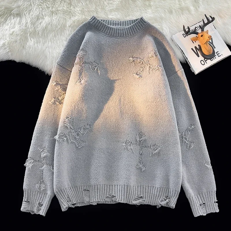 Hehope High Street y2k Tide Holey Breaking Sweater Men Women Autumn Winter Casual Couple Knitwear Tops Solid Versatile Pullovers