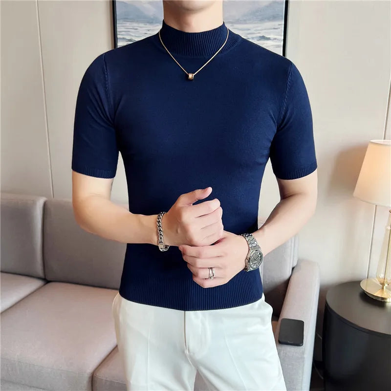 Hehope Men Short Sleeve T-Shirt Knitted Pullover 2024 Summer High Elastic Solid Casual Stripe Slim Fit Half High Collar Knit Sweater