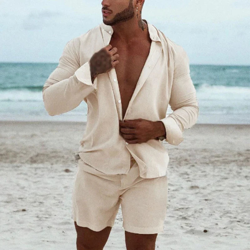 Hehope Vintage Cotton Beach Set Men Clothing Fashion Short Sleeve Lapel Shirt Tops & Shorts Two Piece Suit Man Solid Beach Tracksuit