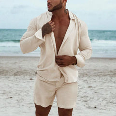 Hehope Vintage Cotton Beach Set Men Clothing Fashion Short Sleeve Lapel Shirt Tops & Shorts Two Piece Suit Man Solid Beach Tracksuit