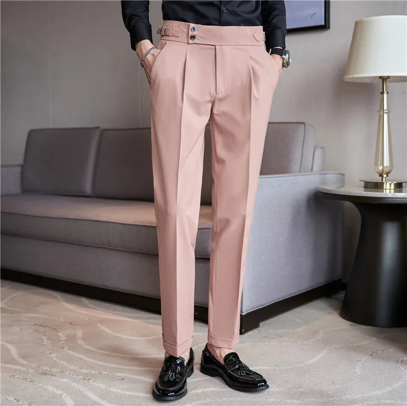 Hehope Men High Waist Casual Dress Pant 2023 Autumn New British Style Pink Trousers Formal Office Social Wedding Party Dress Suit Pants