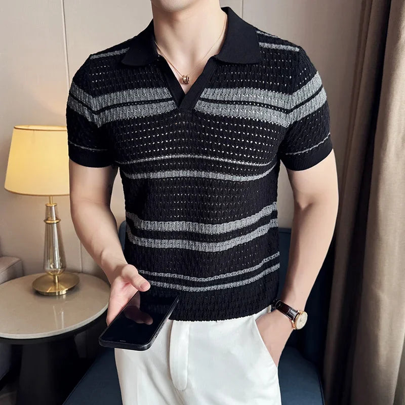 Hehope Men Polo Shirt 2024 Summer New Thin Knitted Striped Jacquard Patchwork Color Short Sleeved Casual V-neck T-shirt Men Clothing