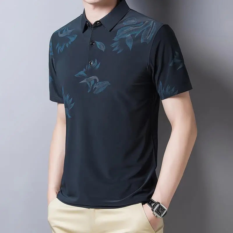 Hehope Summer New Short Sleeve Polo Shirts Man Turn-down Collar Button Fashion Printing Ice Silk Fabric Pullovers Casual Tops