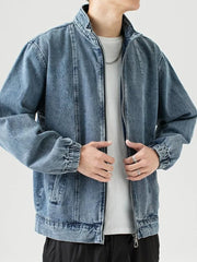 Hehope Stand Collar Denim Jacket Men Casual Autumn Zip Closure Jacket Coat Loose Baggy Blue Retro Jacket Man Fashion Clothing