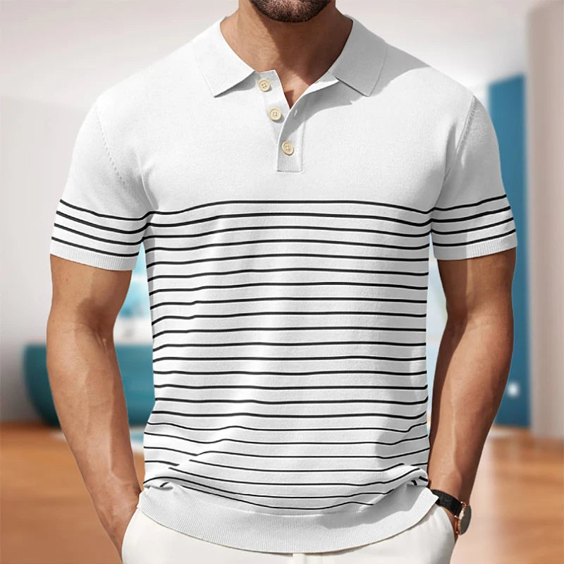 Hehope Ice Silk Knitted Mens Polo Shirts Short-sleeved Button Lapel T-shirt Summer Fashion Striped Printed Slim Fit Knitting Tops Male