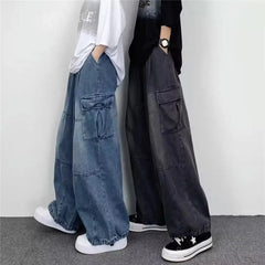 Hehope Spring And Autumn Vintage Wide Leg Big Pocket Overalls Men Y2K Neutral Loose Straight Leg Casual High Street Hip Hop Jeans