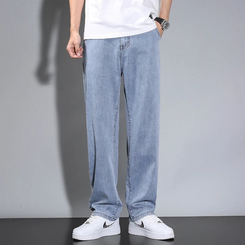 Hehope Summer Thin Men's Straight Loose Gray Jeans Soft Fabric Lyocell Fabric Light Colored Casual Pants Male Brand Trousers