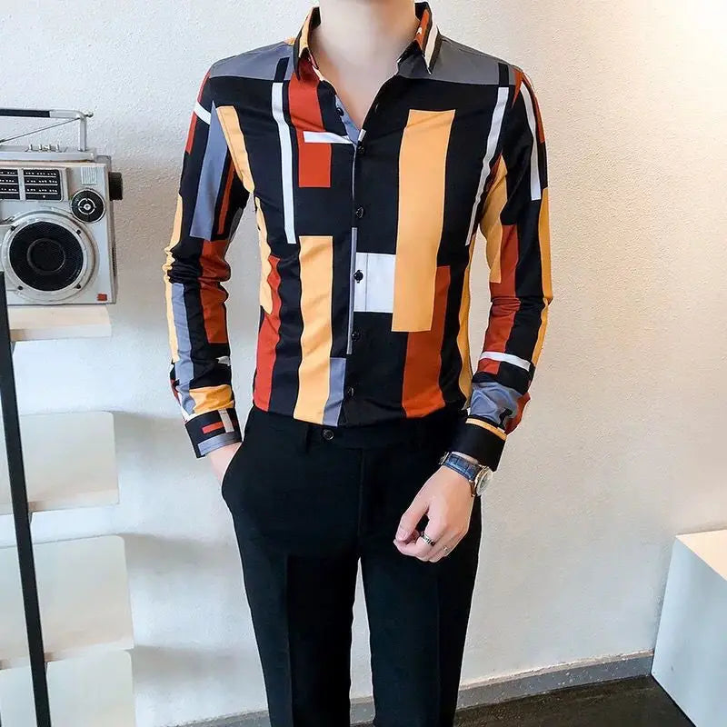 Hehope 2024 New Spring and Autumn Korean Fashion Street Versatile Print Color Block Button Flip Collar Long Sleeved Men's Shirt Top