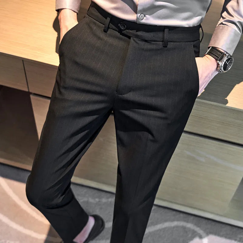 Hehope Autumn Winter Thickened Striped Suit Pant Men Business Slim Fit Long Pants Formal Office Social Party Casual Pants Streetwear