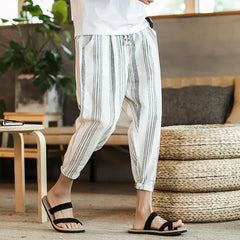 Hehope New Summer Fashion Loose Casual Trendy Men's Versatile Thin Breathable Vertical Striped Linen Oversize Casual Cropped Pants